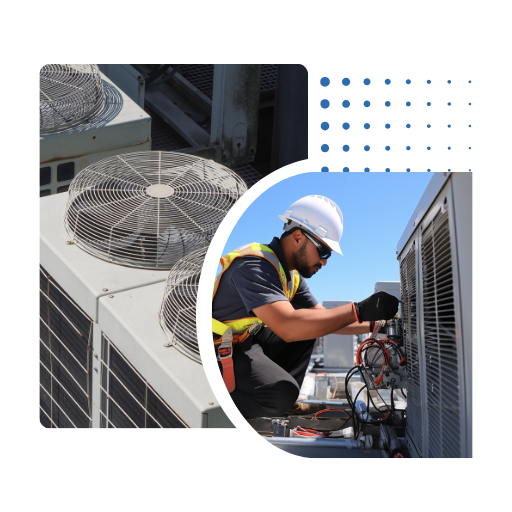 Commercial HVAC machinery and a technician diagnosing the system