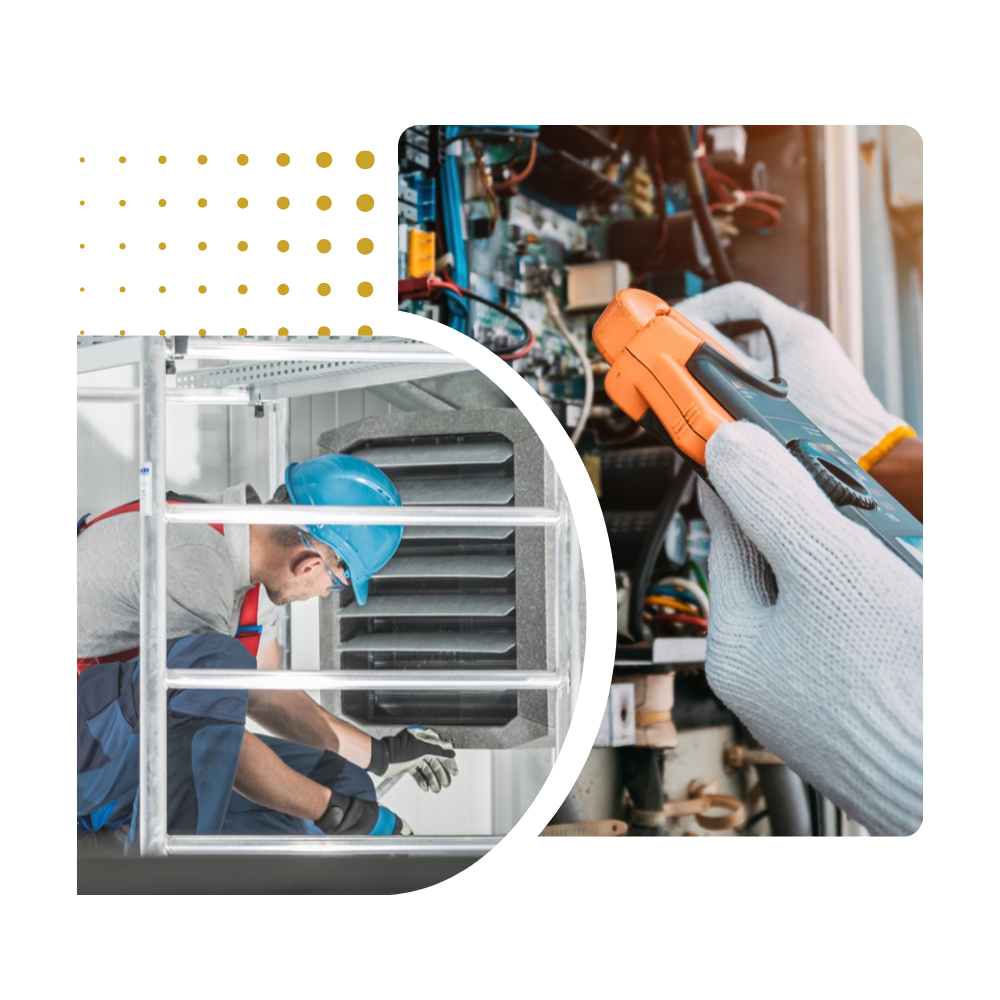 Commercial HVAC machinery and a technician diagnosing the system