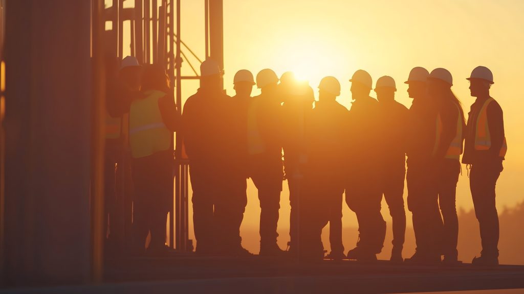 Team of HVAC contractors finishing work at sunset