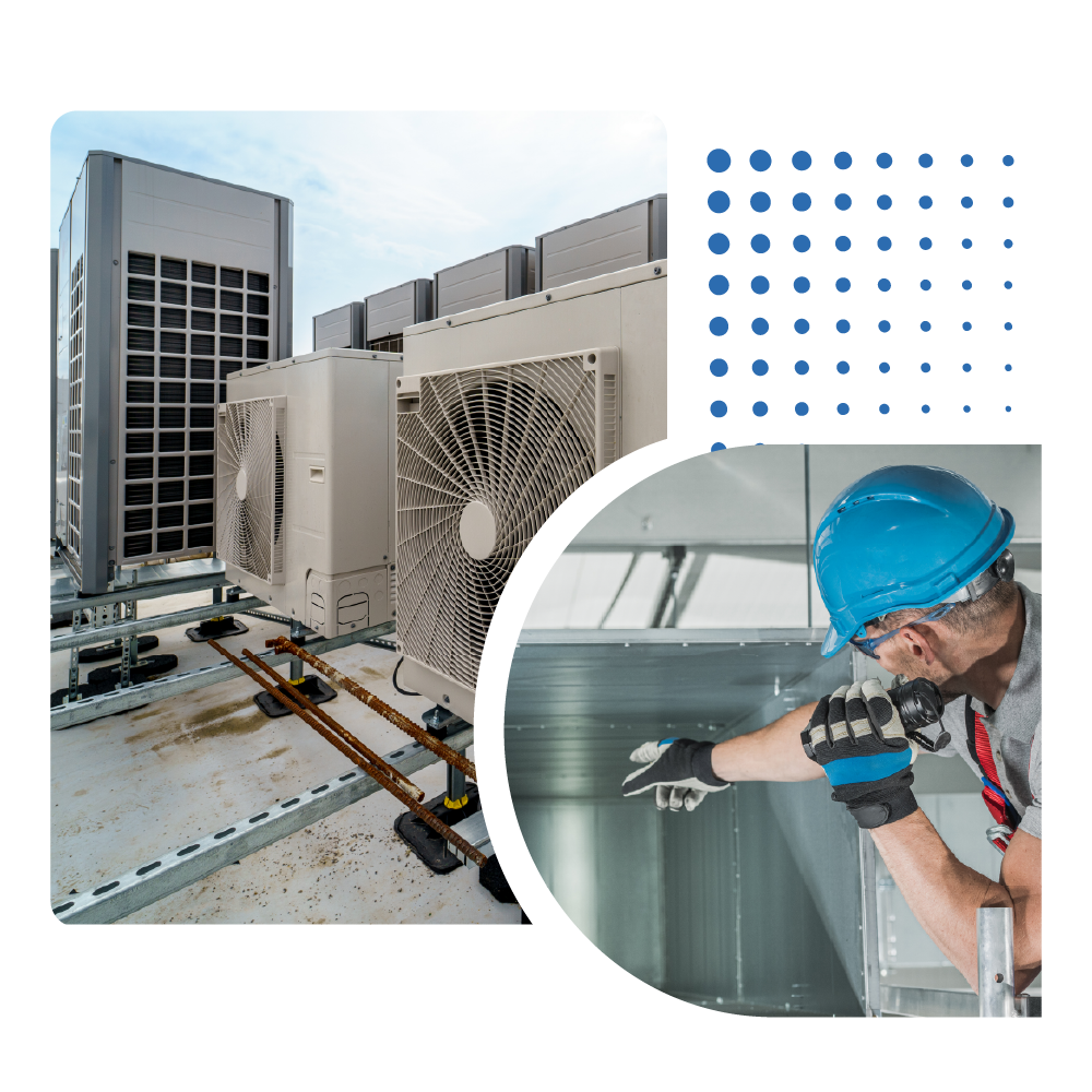 Commercial HVAC machinery and a technician diagnosing the system